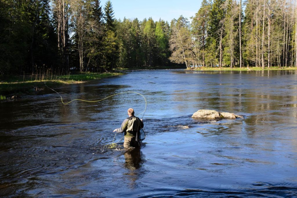  Un pescador que pesca con mosca en el río.