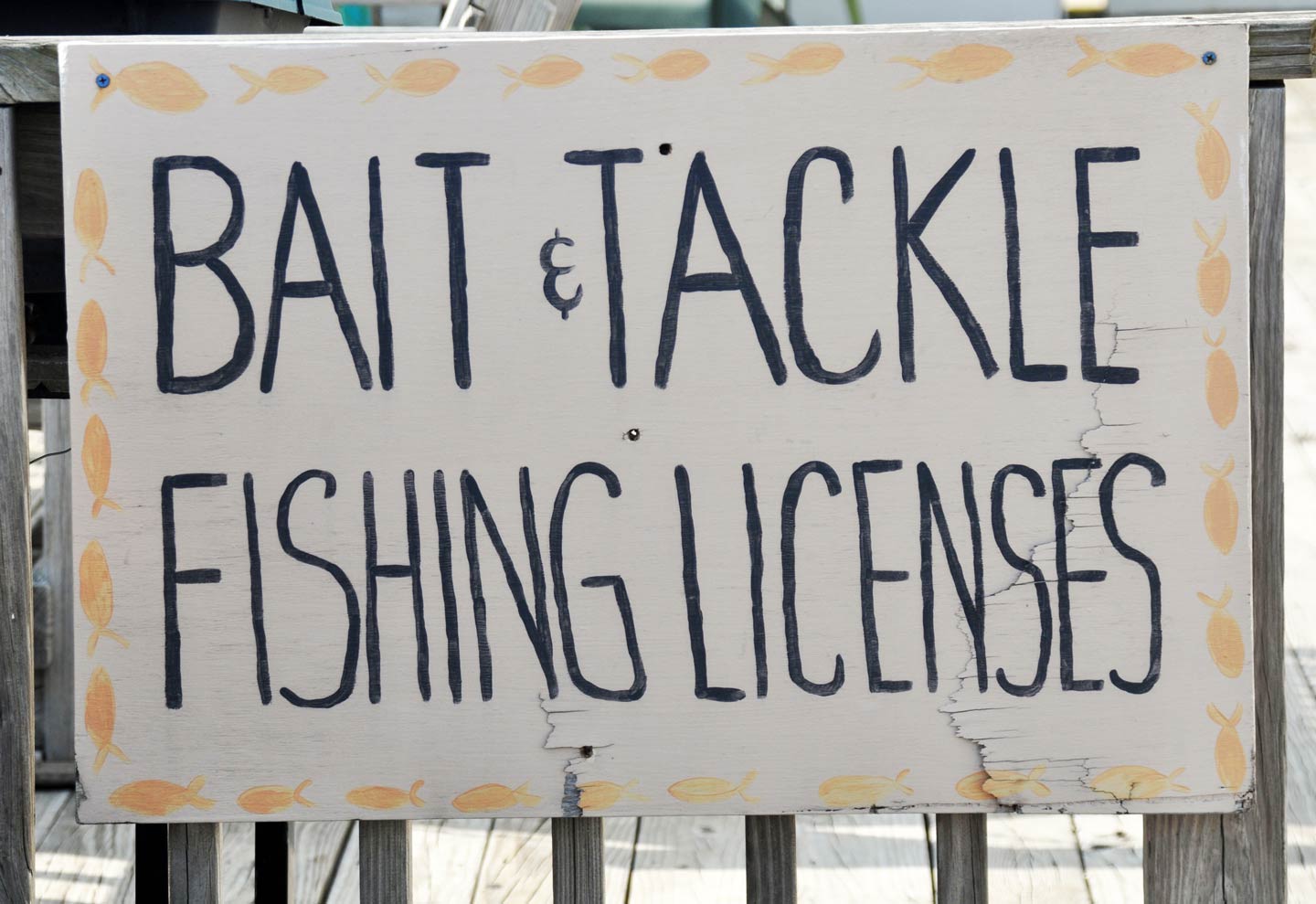 Un panneau affichant les mots "bait and tackle, fishing licenses""bait and tackle, fishing licenses"