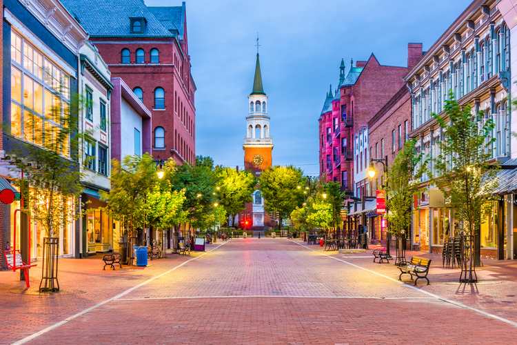 a view of the historic Church Street in Burlington, Vermont
