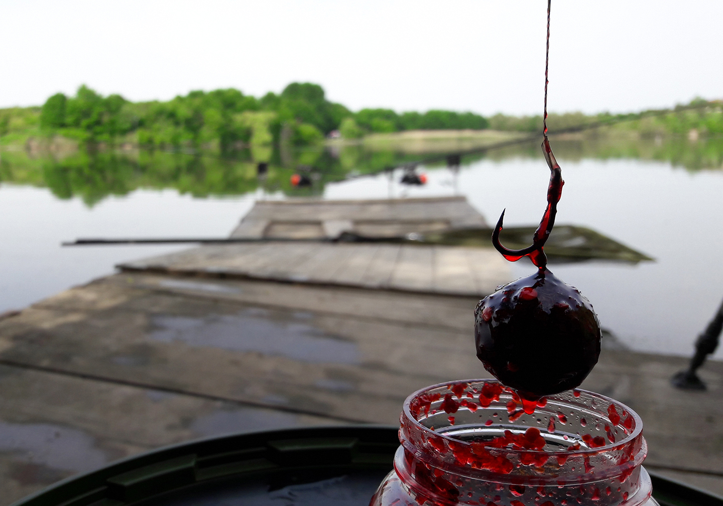 A fishing hook and a bait ball covered in dip bait with a lake in the distance