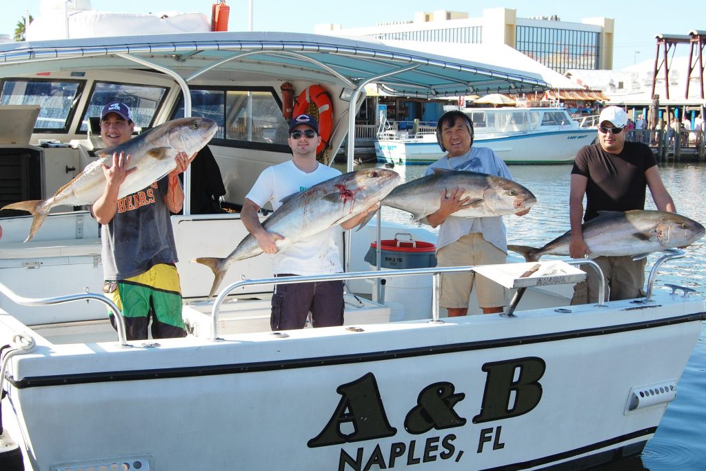 Vier Angler posieren am Heck eines Charterbootes mit einem großen Amberjack, den sie gefangen haben.