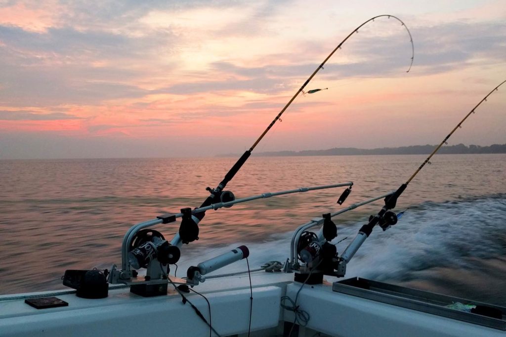 Trolling rods pictured against the sunset on a charter fishing boat.