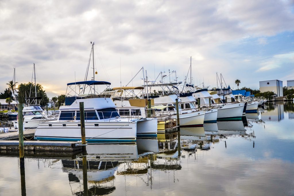 Large charter boats docked in a harbor, including a catamaran, the most stable type of boat that prevent seasickness