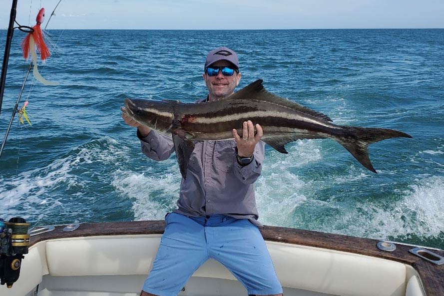 Un pescatore maschio che tiene un grande Cobia a bordo di una barca charter.