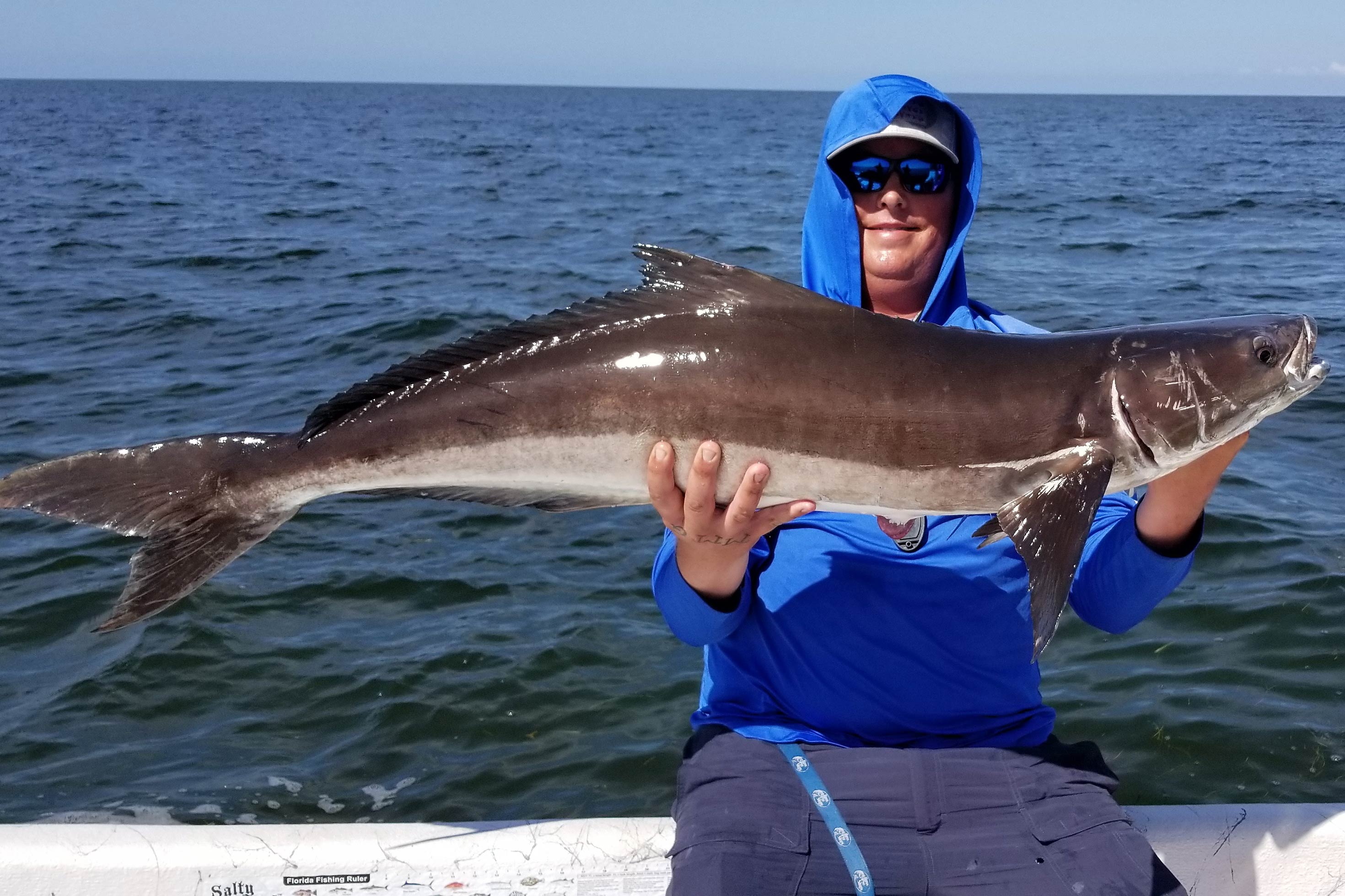 Un pêcheur masculin tient un gros cobia capturé lors d'une pêche dans le golfe du Mexique.