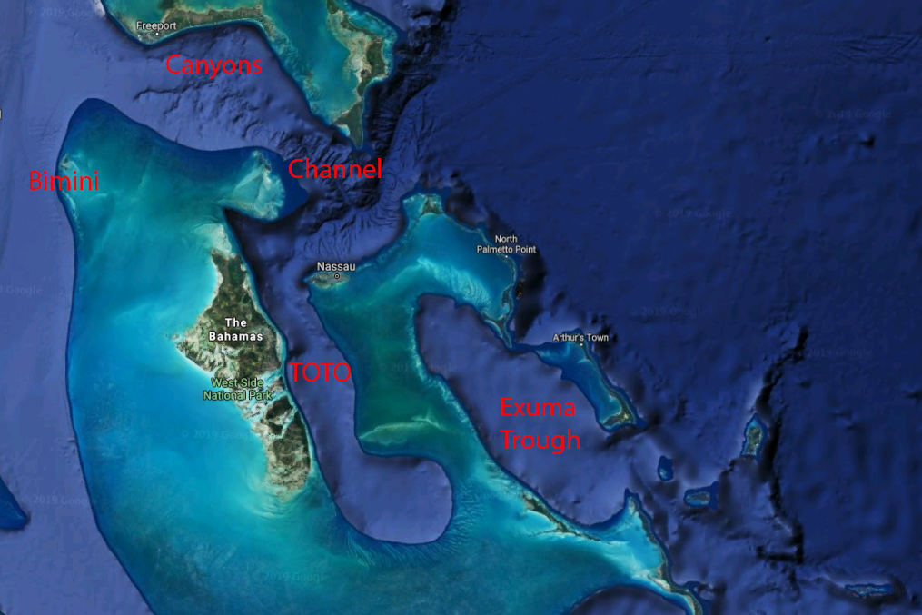 Un mapa de los mejores lugares para pescar en alta mar en las Bahamas, incluidos Bimini, los cañones, el canal, la lengua del océano y el canal de Exuma.