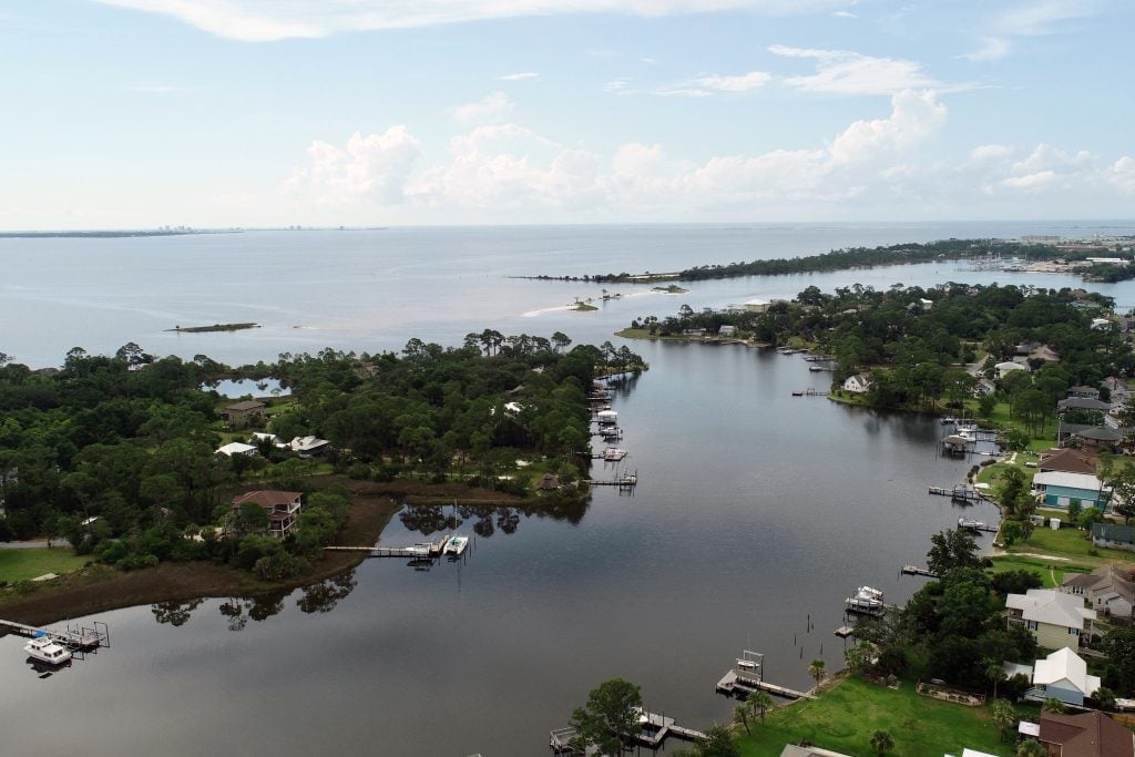 An aerial view of the upper Escambia Bay near Pensacola, FL