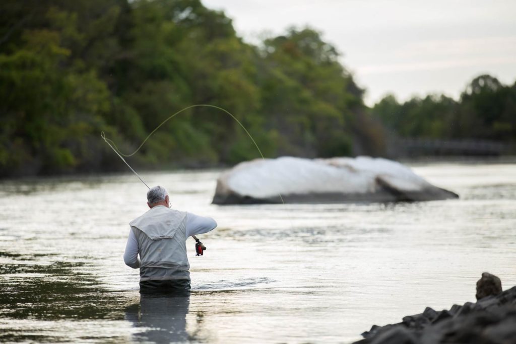 een oudere mannelijke visser die een vlieghengel werpt terwijl hij in de rivier WADT.