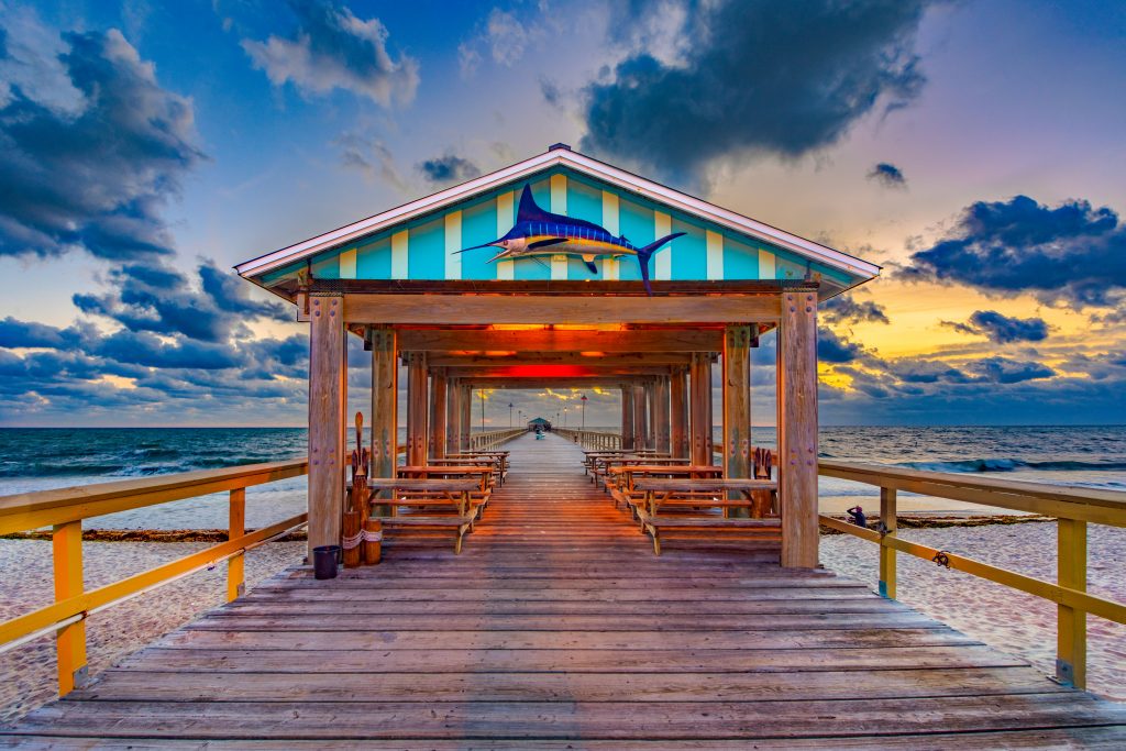 A view along Anglin's Pier at sunset