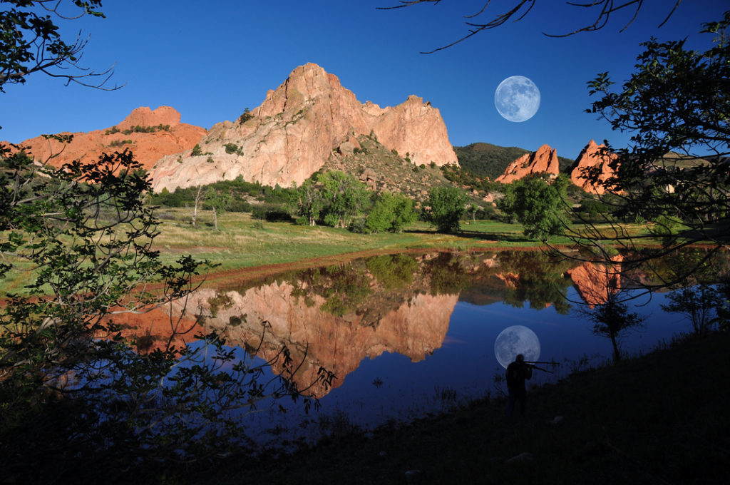 A small pond with a rocky mountain in Garden of the Gods in Colorado Springs, Colorado