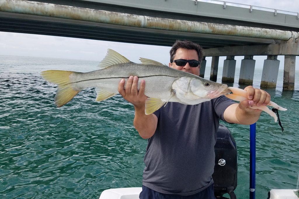 Un pescador sosteniendo un Snook cerca de un puente en los Cayos de Florida