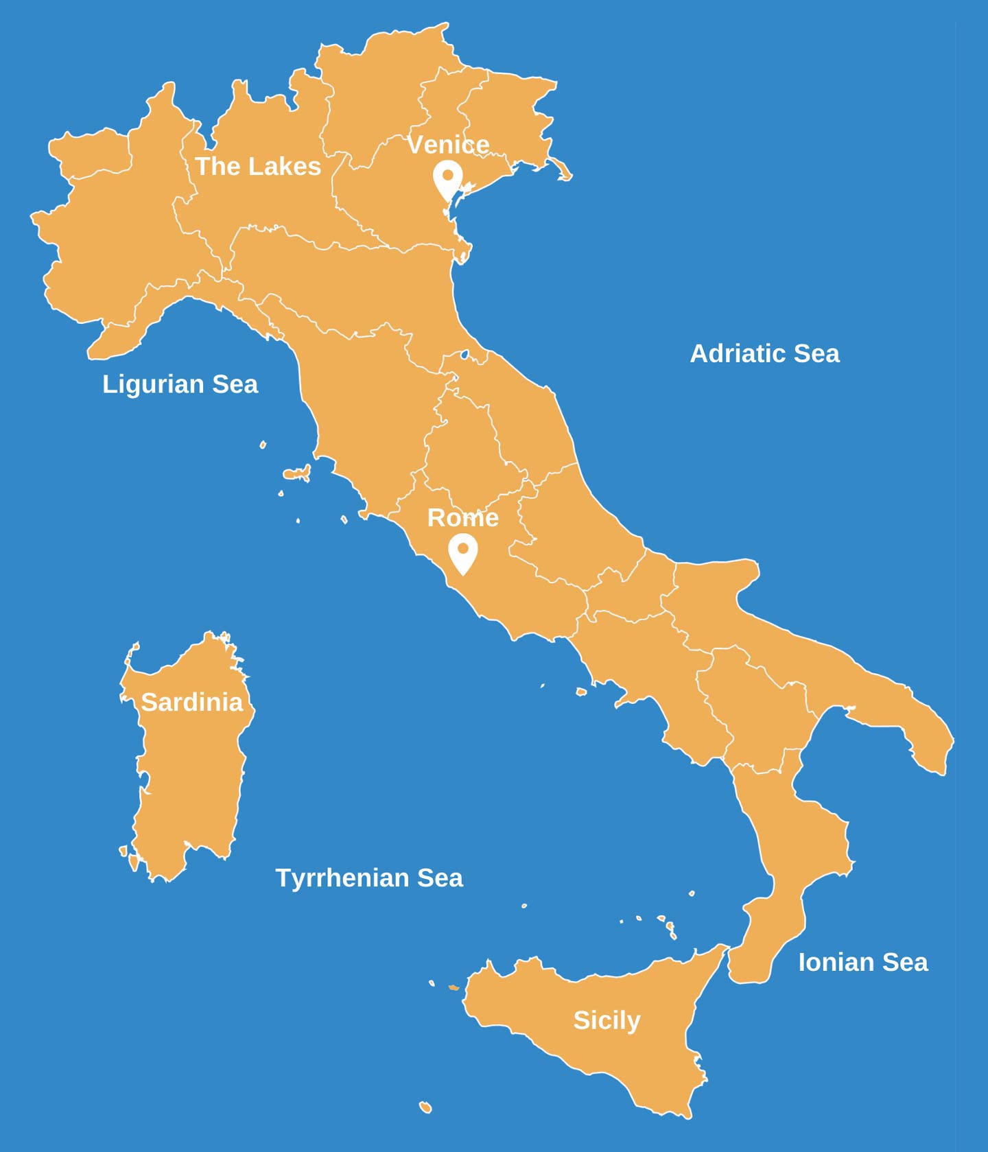 An infographic showing a map of Italy with Rome, Venice, the lakes, islands, Adriatic, Ionian, Tyrrhenian, and Ligurian Seas labeled