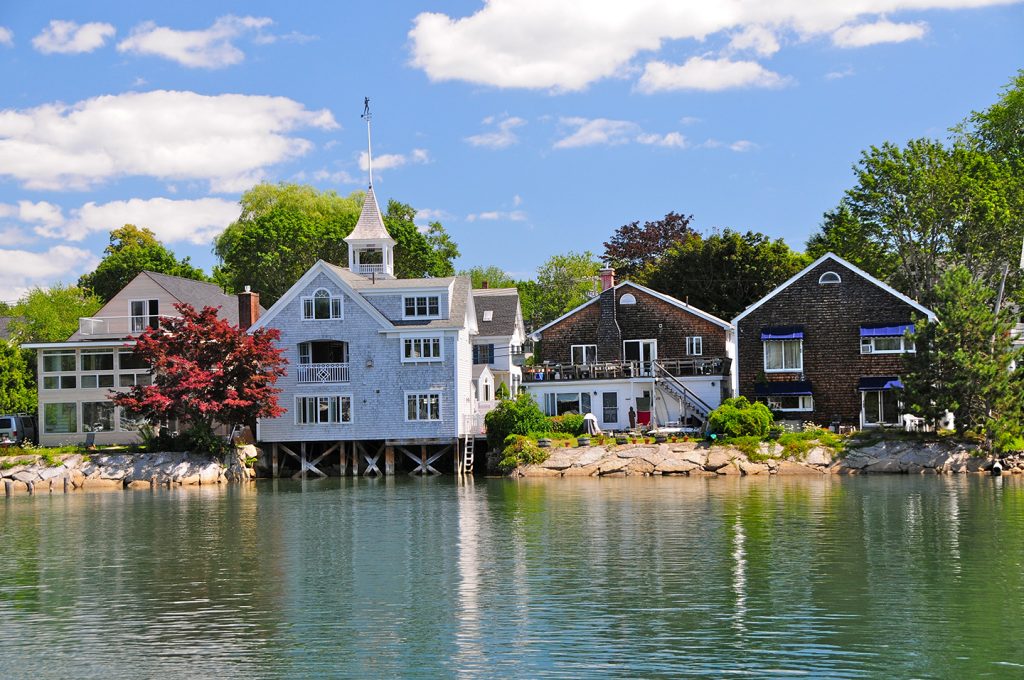Pretty clapboard houses by the water in Kennebunkport, Maine