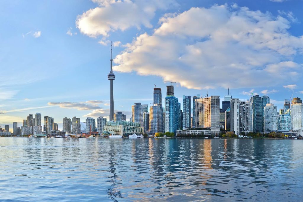 A view of the Toronto skyline as seen from Lake Ontario.