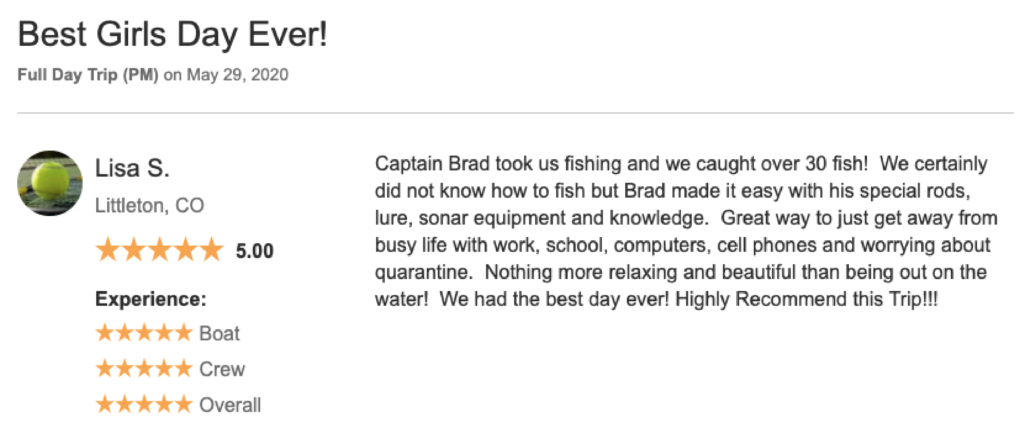 a review left for a fishing charter in Colorado describing how the outing was a great way to get away from stress and covid-19 quarantine