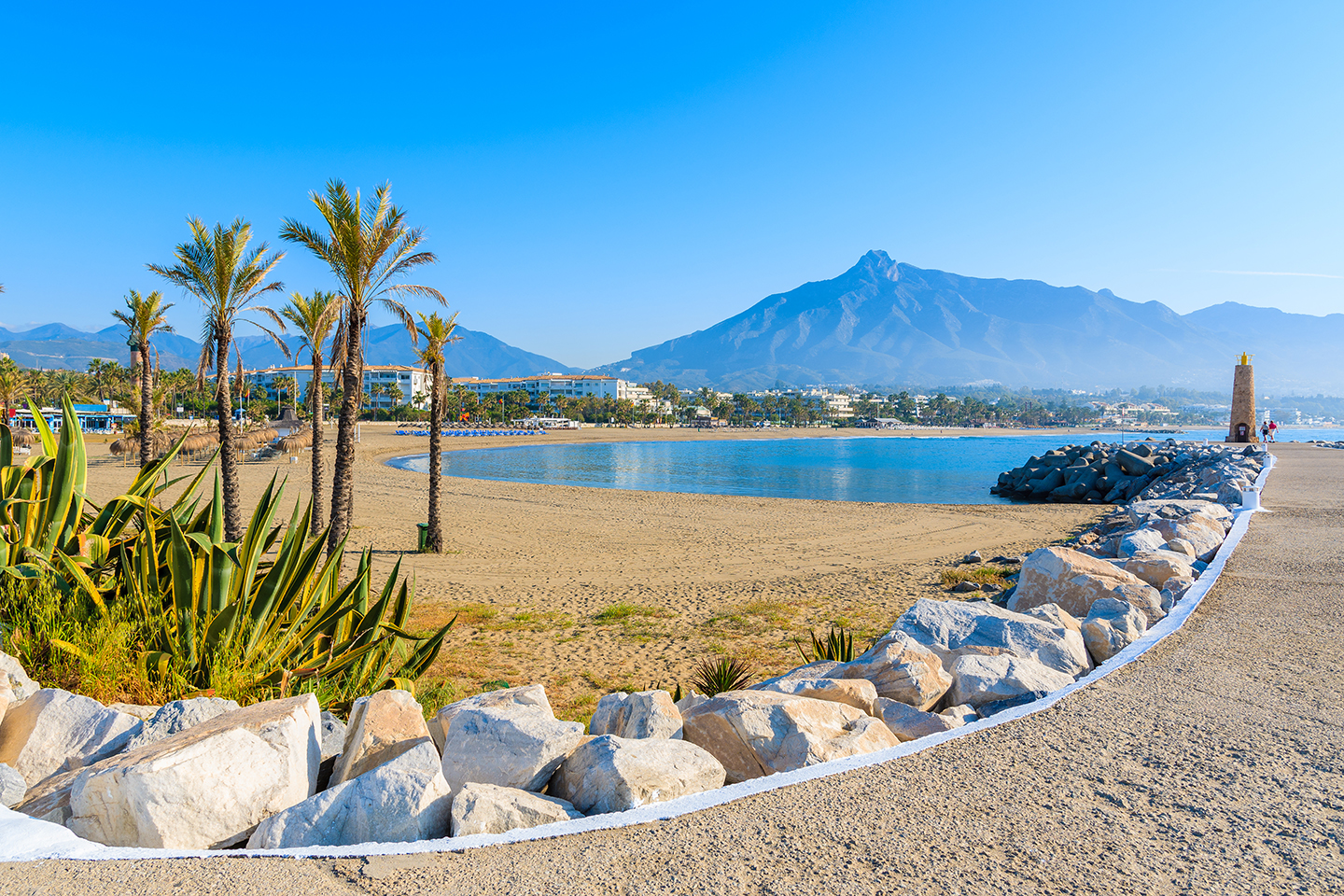 A beach in Marbella, Spain, with palm trees on the left, a walkway on the right, and a mountain in the distance.