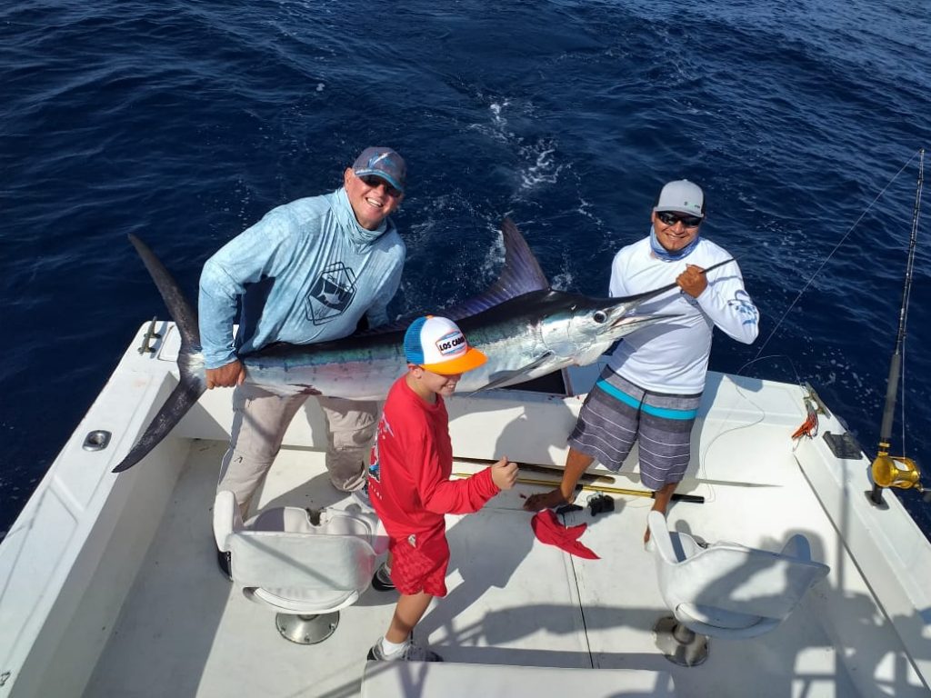 Padre y un guía de pesca de Cabo sosteniendo un Marlín, con el hijo sonriendo a su lado