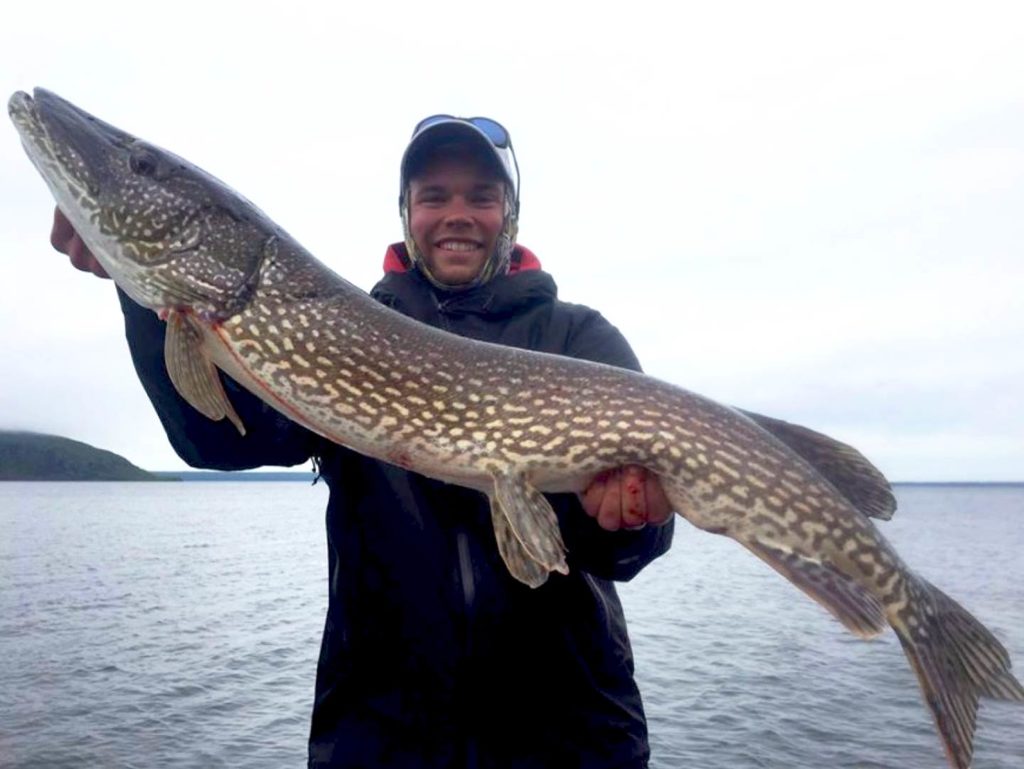 An angler holding a Northern Pike on Lake St. Clair