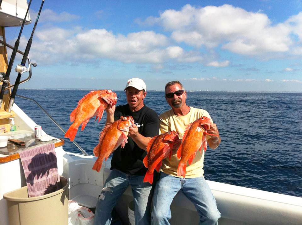 anglers on a boat holding Rockfish, fishing in California