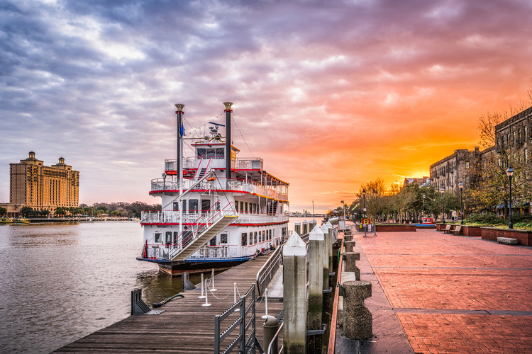 riverfront promenade at sunrise at Savannah, Georgia