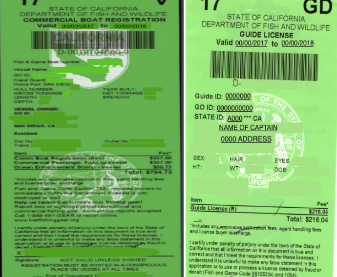 A California guide license and commercial boat registration, two of the documents needed to become a fishing guide in California.