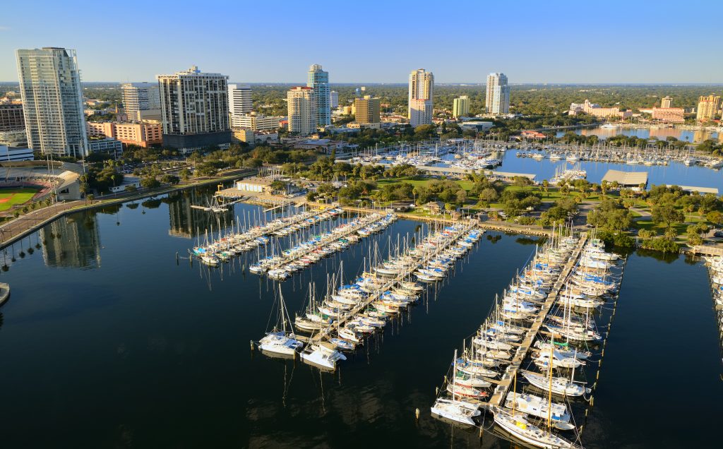 An aerial view of a harbor in St. Petersburg, Florida