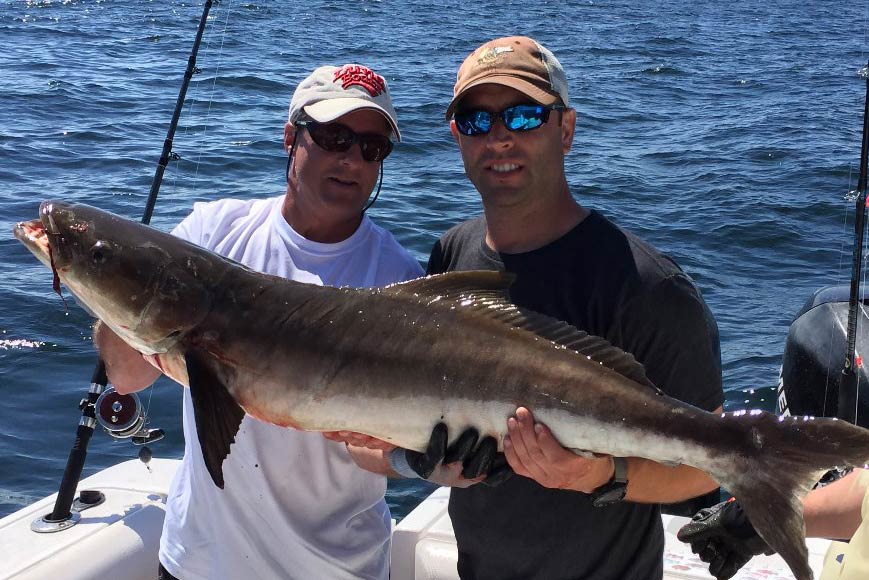 Twee vissers die een grote Cobia vasthouden.