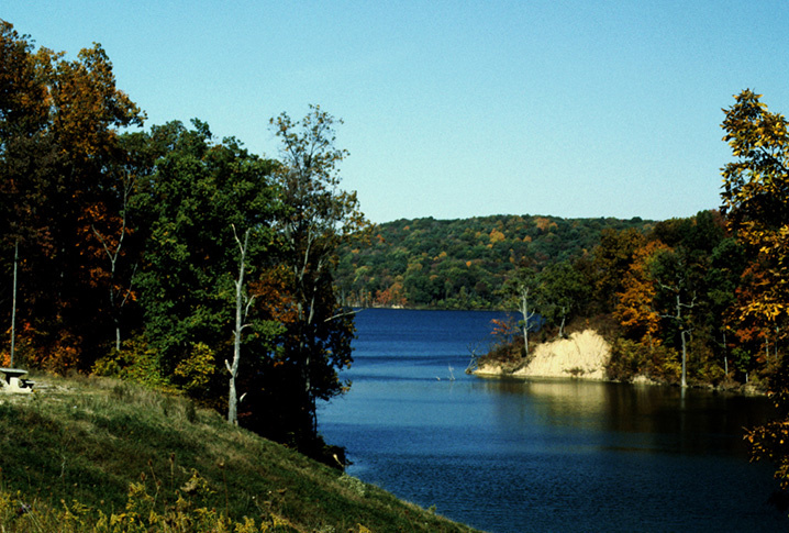 View of the Brookville Lake with trees and islands in the background