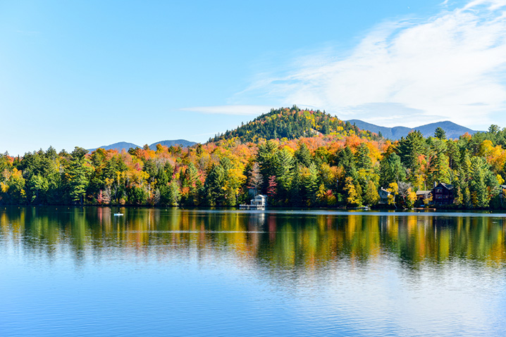 View of the autumn foliage on Lake Placid