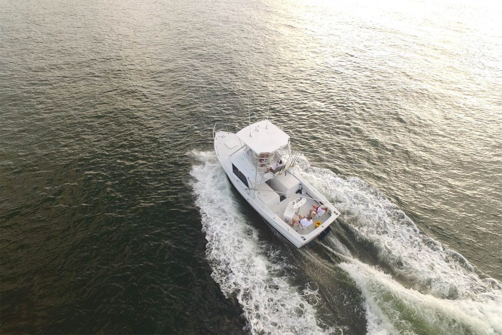 An aerial picture of a charter boat in the Gulf of Mexico