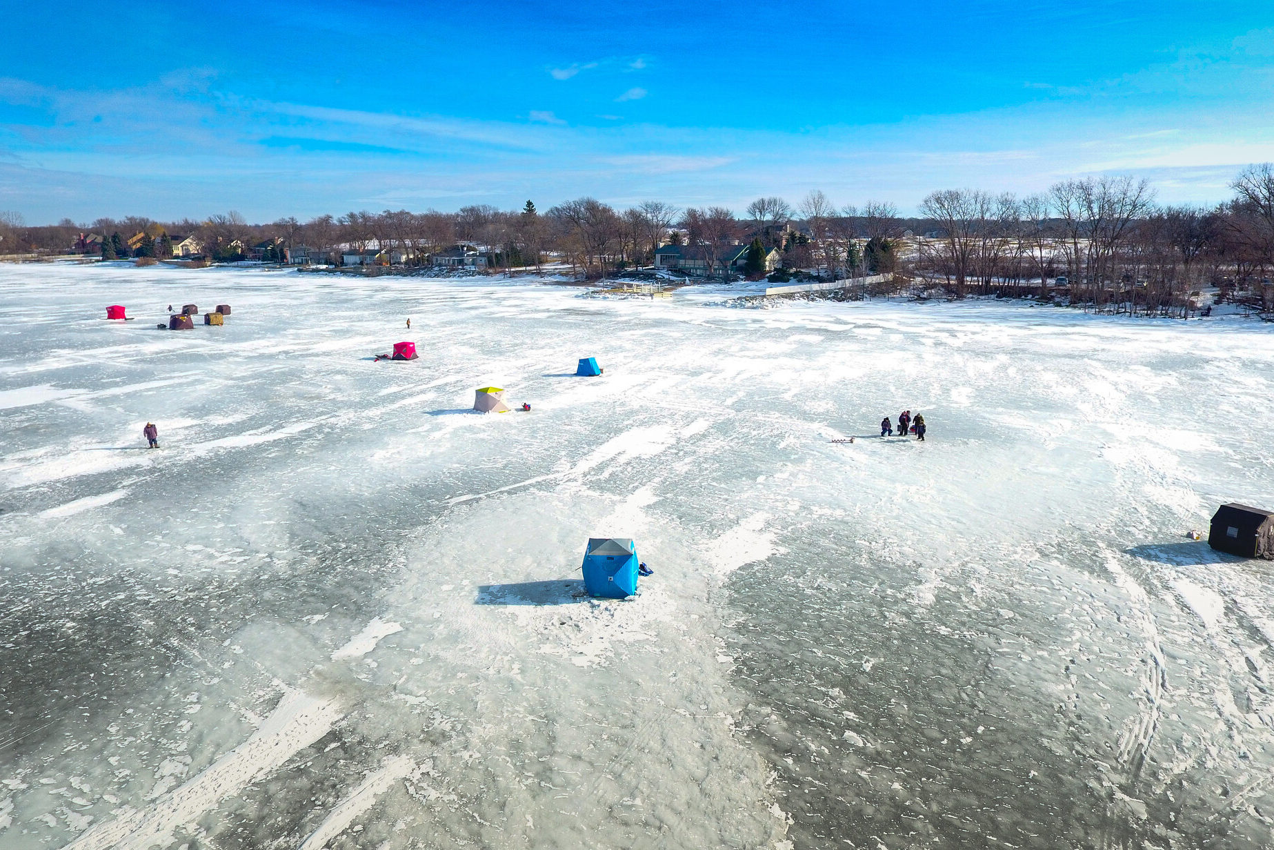 Ice shack on Green Lake, one of the best winter fishing destinations in Wisconsin