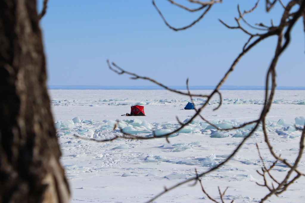 A fishing ice shack, a heated tent on frozen Lake Superior