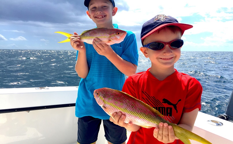 Freshly caught yellowtail snapper on hook Stock Photo